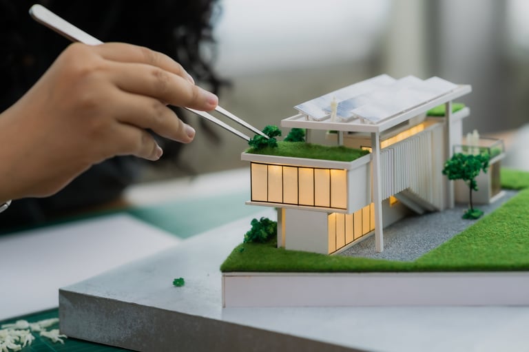 Architect adding miniature trees to house model