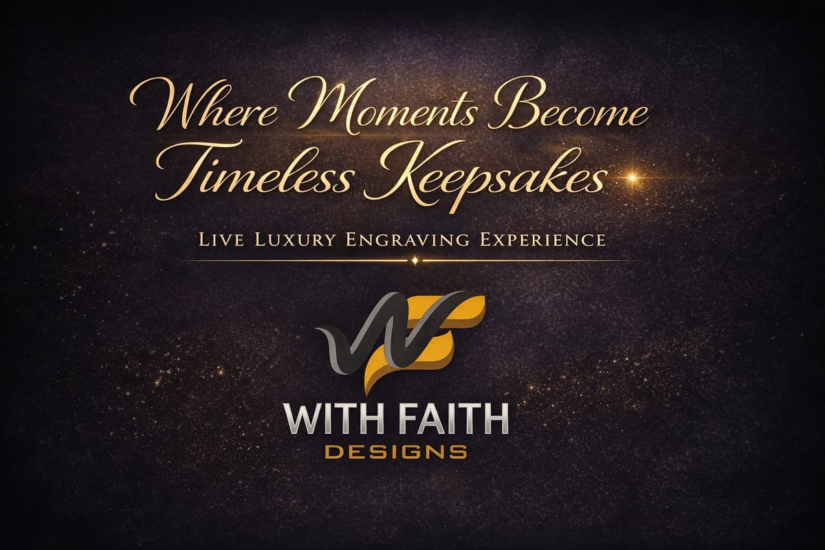 With Faith Designs luxury engraving service logo featuring elegant gold script text and feather icon on dark sparkly background